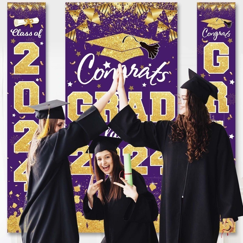 lot 1022070 image: Purple and Gold Graduation Decorations 2024 - Congrats Grad Backdrop, Class of 2024 Porch Sign Banner for High School College Prom Party Supplies - Retail $6