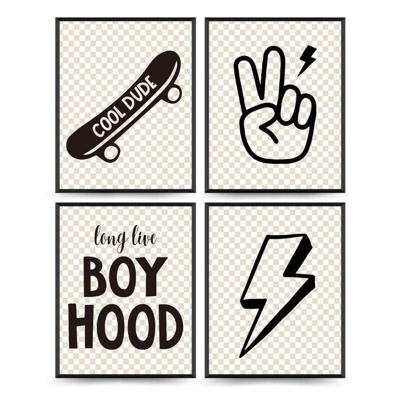 lot 1022085 image: PLKMN PLKMK Boys Room Decor Set of 4 - Long Live Boyhood Decor, Boy Nursery Decor, Toddler Boy Room Decor, Baby Boy Nursery Decor, Beige Wall Decor Prints, 8x10 Inch (Unframed), white - Retail $9