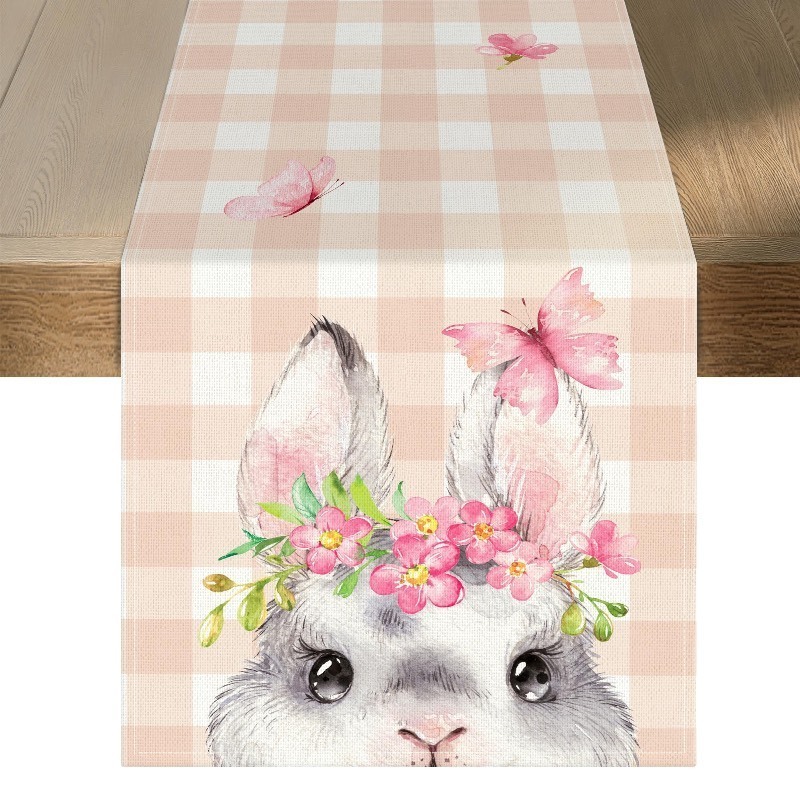 lot 1022100 image: Pink Happy Easter Table Runner 2-Ply (13x72) - Buffalo Plaid Bunny Runner Design - Easter Party Decoration Supplies - Spring Table Decor for Indoor & Outdoor Home Party - Retail $7
