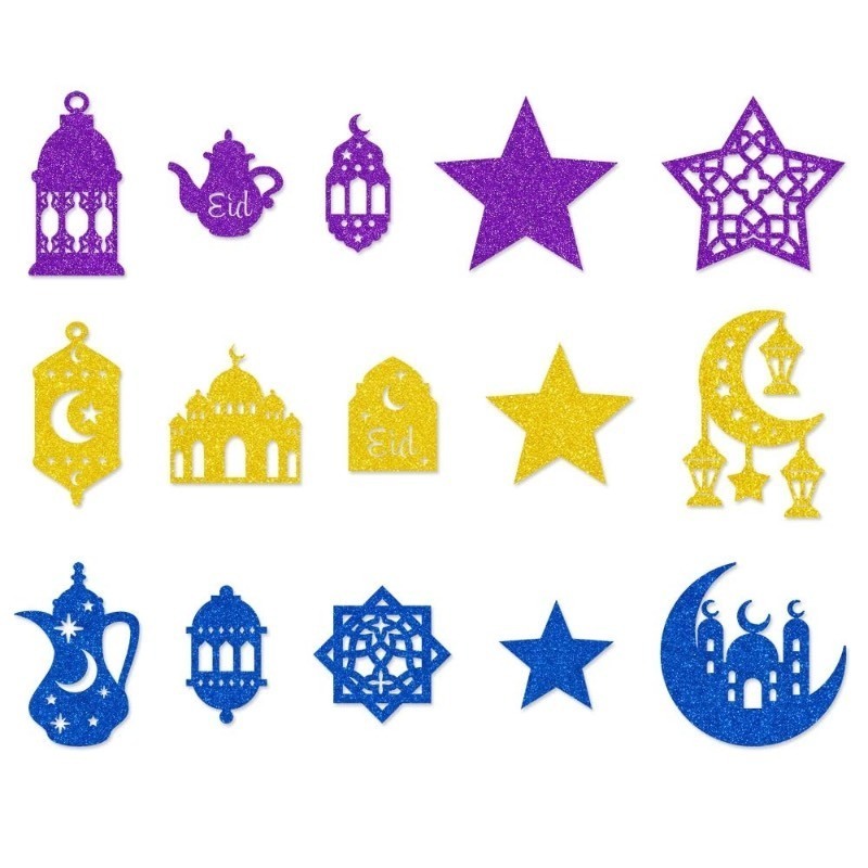 lot 1022113 image: 15Pcs Eid Mubarak Wall Stickers Muslim Ramadan Wall Window Clings Ramadan Window Clings Ramadan Window Decorations Purple Gold Blue Eid Wall Stickers Star Castle Moon Eid Window Decal - Retail $12,917