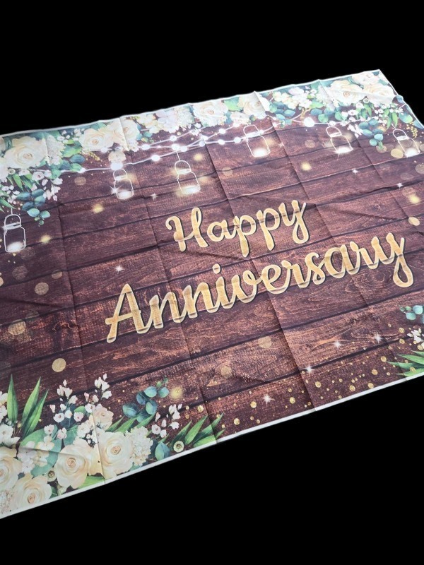 lot 1022184 image: Rustic Floral Anniversary Backdrop Banner - Retail $25