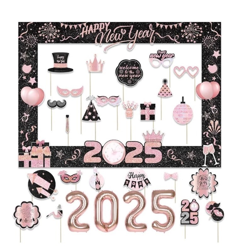 lot 1022314 image: Happy New Years Decorations 2025, New Years Eve Photo Booth Props, 2025 Rose Gold New Years Eve Photo Booth Frame for New Year Eve Party Supplies - Retail $9