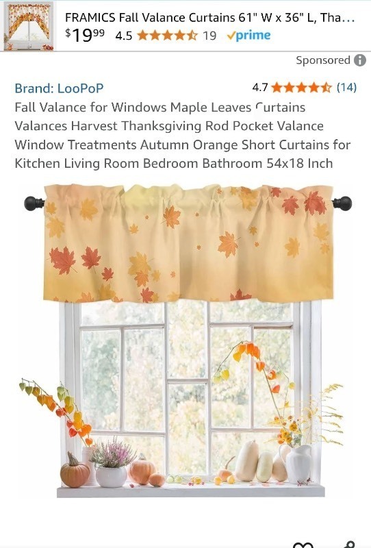 lot 1022376 image: Fall Valance for Windows Maple Leaves Curtains Valances Harvest Thanksgiving Rod Pocket Valance Window Treatments Autumn Orange Short Curtains for Kitchen Living Room Bedroom Bathroom 54x18 Inch - Retail $14