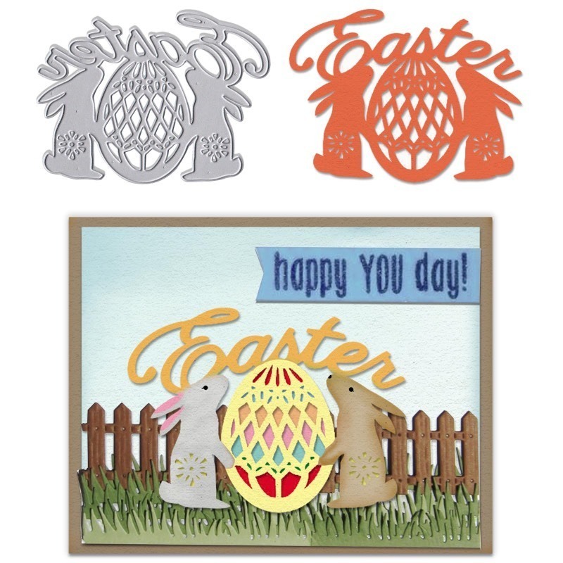 lot 1022425 image: Habbiful Easter Eggs Rabbit Cutting Dies for Card Making, Easter Words Bunny Frame Die Cuts Metal Background Dies Stencils Embossing Template for Craft Scrapbooking DIY Photo Album Decorations - Retail $5
