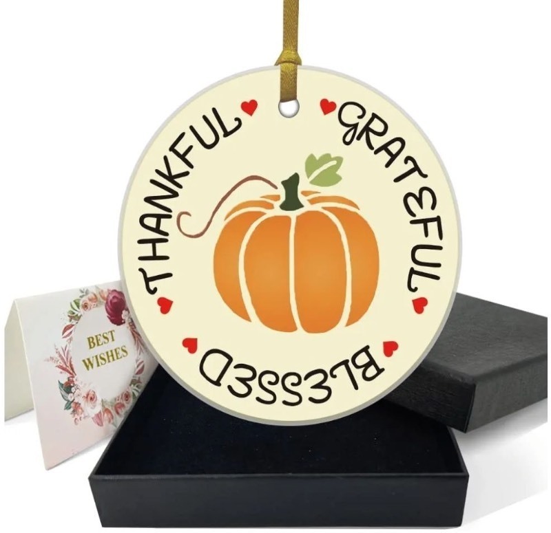 lot 1193129 image: REWIDPARTY Thanksgiving Gift for Men Women Thankful Grateful Blessed Pumpkin Ornament Keepsake Thanksgiving Home Office Tree Decorations 3 Circle Ceramic Ornament with Gold Ribbon & Gift Box - Retail $12