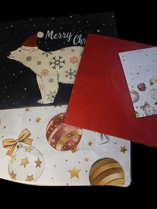 lot 1193149 image: STYPOP 13 Christmas Gift Bags with Tissue Paper,2 Large Holiday Gift Bags,Reusable Non-woven Xmas Gift Bag with Handles - Retail $8