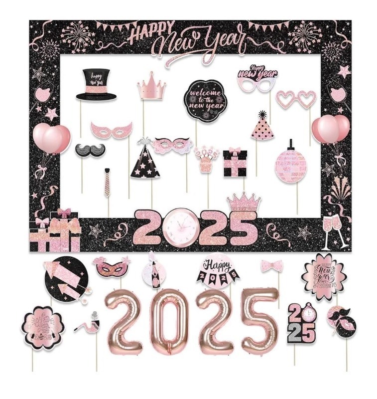 lot 1193181 image: Happy New Years Decorations 2025, New Years Eve Photo Booth Props, 2025 Rose Gold New Years Eve Photo Booth Frame for New Year Eve Party Supplies - Retail $5