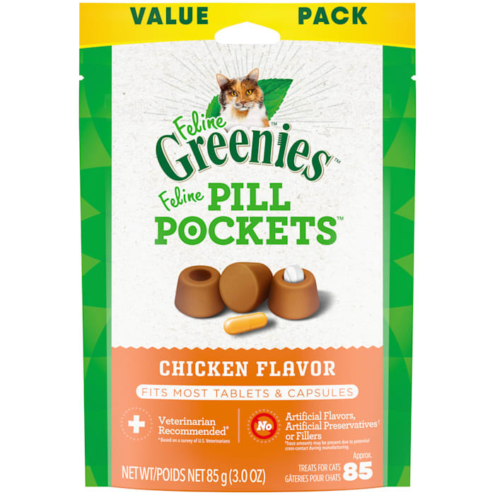 lot 1193219 image: x2 Feline Greenies Pill Pockets For Cats Natural Soft Cat Treats  Chicken Flavor  3 Oz Pack (85 Treats) Best By August 14, 2025 - Retail $20