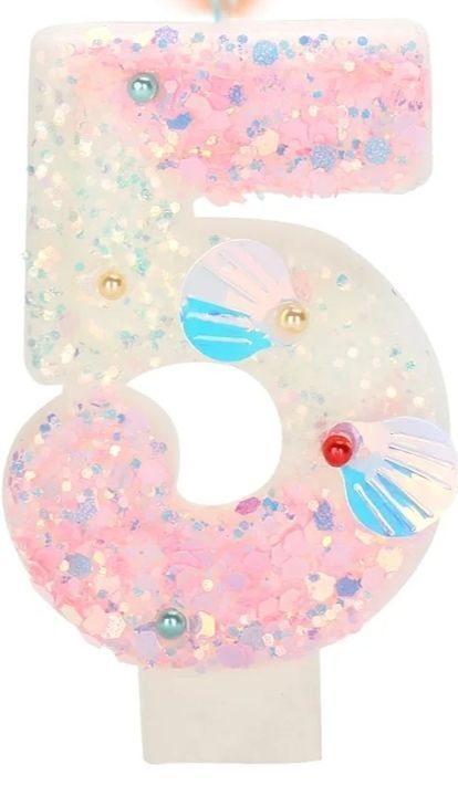 lot 1193284 image: Birthday Candle for Cake, Mermaid Vibes Pink 5 Candle, Mermaid Party Supplies Starfish Shell Glitter Decor 2.76 inch Candle, Cake Topper Decoration for Birthday Party (Number 5) - Retail $8
