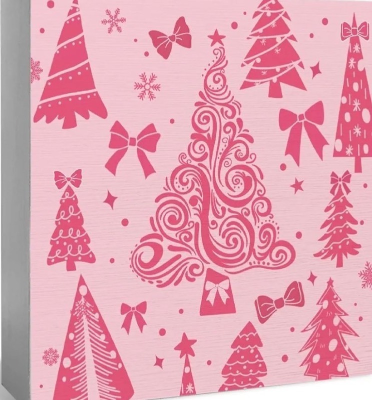 lot 1193286 image: Pink Christmas Trees Wooden Box Sign - Merry Christmas Decorations, Office Desk Decor, Gifts for Women 5x5 Inch - Retail $9