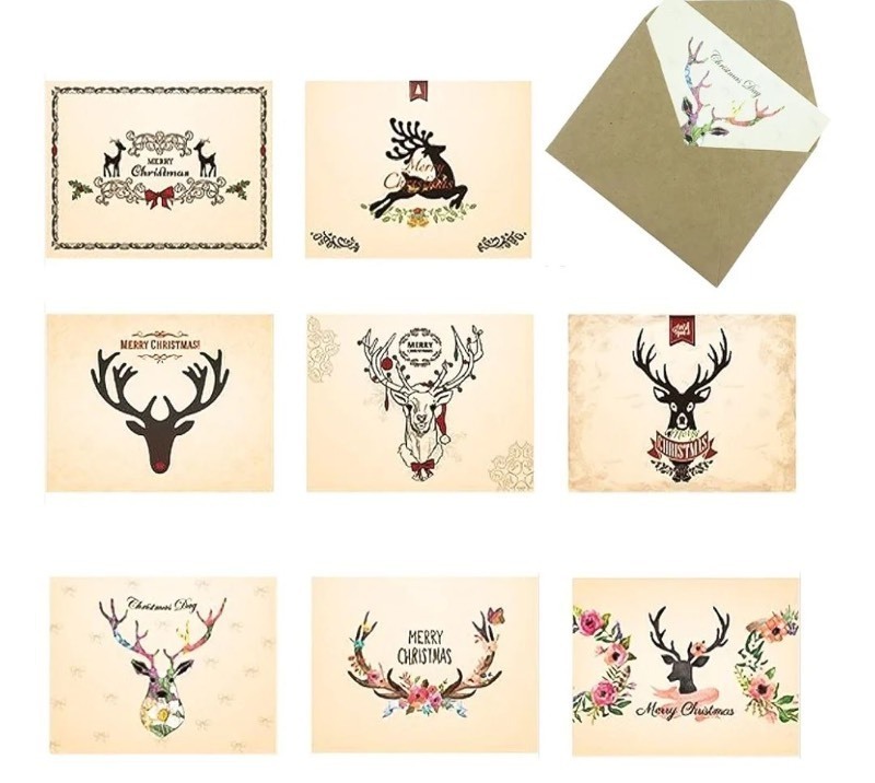 lot 1193355 image: 8 Pack Christmas Cards Christmas Reindeer Cards With Envelopes Reindeer Message Cards New YearS Gifts Giving Cards 8 Designs 3.3 X 4.5 Inches - Retail $7