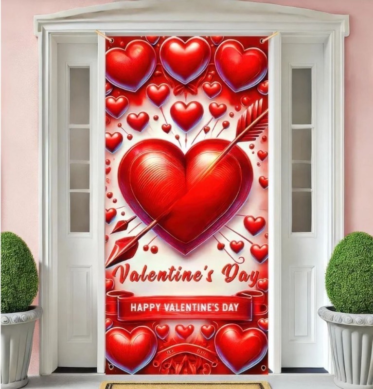 lot 1193397 image: Valentines Day Door Cover 71x35inch Happy Valentines Day Banner Decorations Romantic Hearts Hanging Background for Indoor Outdoor Valentines Day Home Door Banner Party Supplies - Retail $6