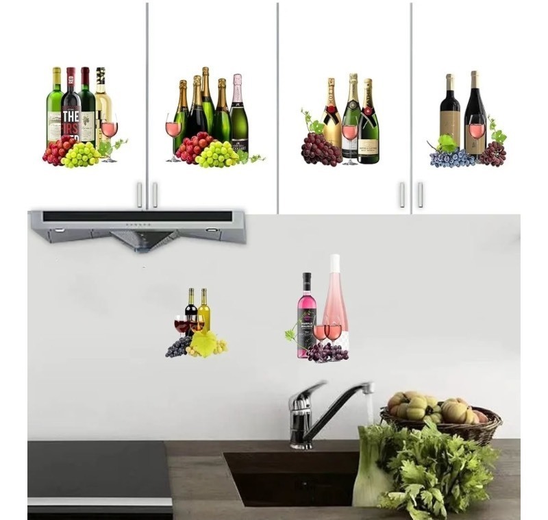 lot 1193401 image: AnFigure Wine Bottle Kitchen Wall Stickers Red Wine Bottle Bar Dining Room Wall Decals Glass Cup Grape Fruit Grapes Home Farmhouse Wall Decor - Retail $23