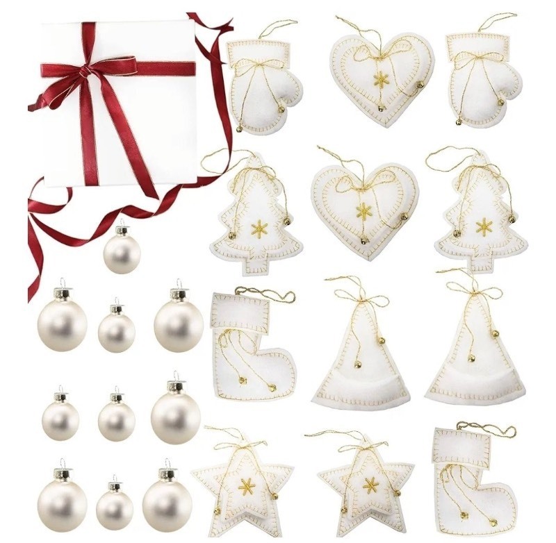 lot 1193500 image: Felt Christmas Tree Ornaments, 12PCS Rustic Farmhouse Christmas Tree Decorations, White and Gold Hanging Ornaments for Christmas, Parties, Weddings and Home Decor - Retail $23