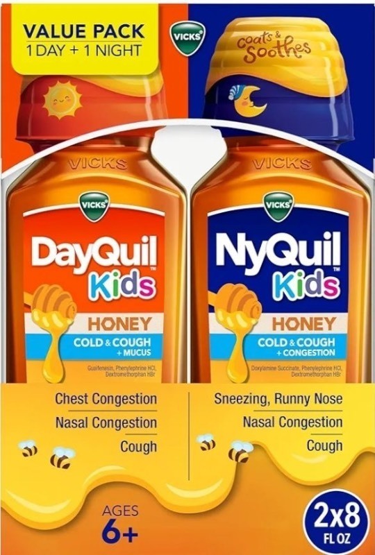 lot 1194011 image: Vicks DayQuil & NyQuil Kids Honey Cold Medicine Value Pack pack of 5 - Retail $12
