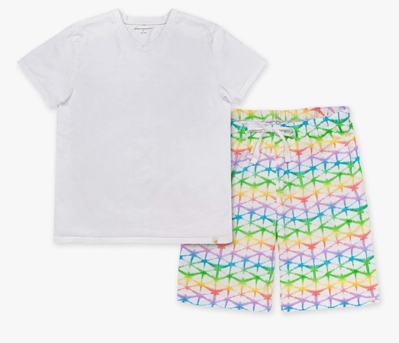 lot 1194017 image: Mens White T-Shirt and Rainbow Tie-Dye Shorts Set - Retail $20