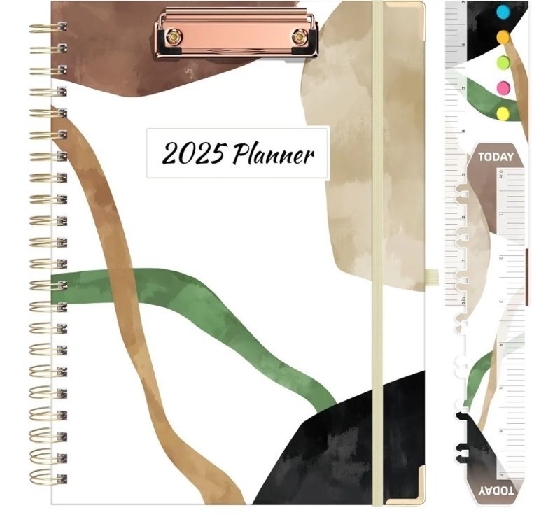 lot 1194101 image: 2025 Weekly & Monthly Planner, Hard Cover, 8.5x11 Daily Agenda with Monthly Tabs, 2 Storage Pockets, Bookmark, and Stickers, Jan 2025-Dec 2025 Block - Retail $23
