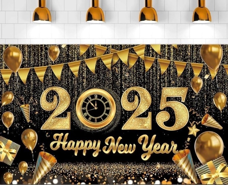 lot 1194158 image: 2025 New Year Photo Backdrop for Kids Black and Gold Photography Party Backdrop for New Years Eve Party Supplies - Retail $13