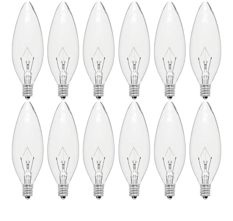 lot 1194381 image: 12-Pack E12 Candelabra Light Bulbs 40W Warm White 2500K, 380 Lumen Chandelier Light Bulb for Ceiling Fan, Indoor or Outdoor, B10 Clear Incandescent Candle Bulbs, Dimmable - Retail $8