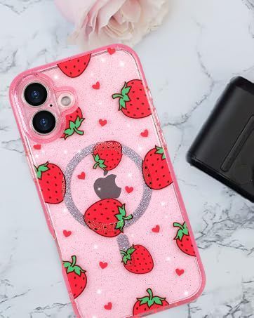 lot 1194533 image: MZELQ for iPhone 15 Pro Max Case Strawberry Bling Glitter Cute Pattern, Magnetic Support for Magsafe Cute Crystal Clear Case for Girls Women  1 Screen Protector, Full Body Protection Cover -Pink - Retail $12
