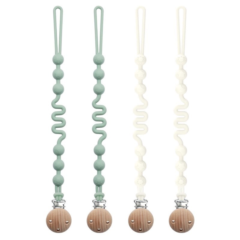 lot 1194558 image: Silicone Pacifier Clip with Adjustable Spring, 4 Pack Extra Long Pacifier Holder Clips for Baby Boys and Girls, Seposeve Soft Flexible Pacifier Leashes with 3 Textures, 2 Green  2 White - Retail $12
