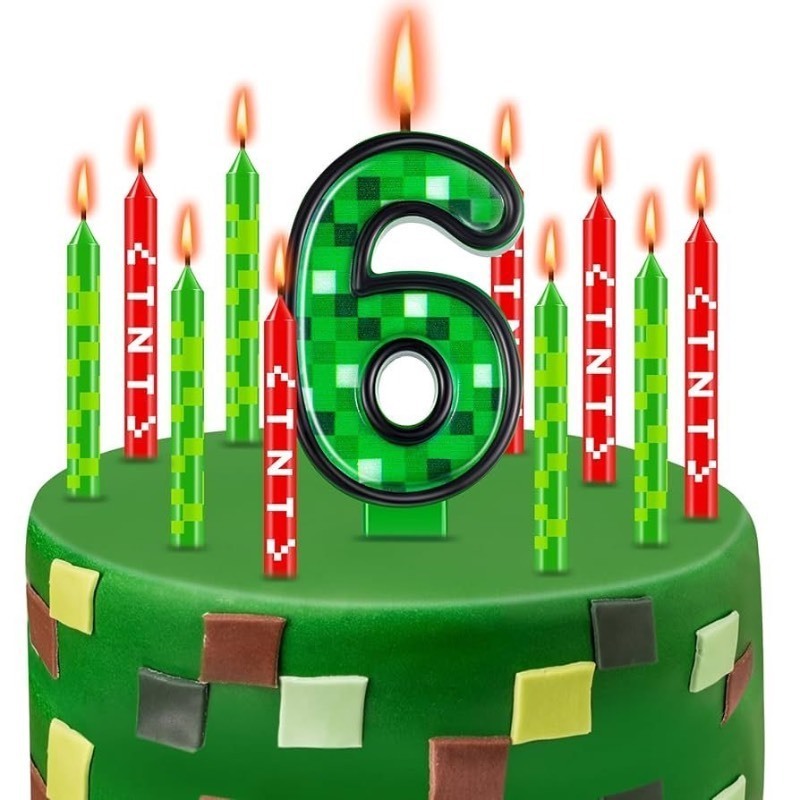 lot 1194567 image: Landhoow 13 Pieces Pixel Themed Birthday Candles for Cake Green Number Candle Pixel Cake Candles for Birthday Graduation Celebration Wedding Party Supplies Decoration(Number 6) - Retail $8