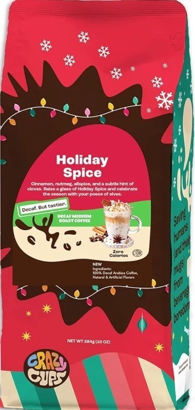 lot 1194588 image: Crazy Cups Flavored Ground Decaf Holiday Coffee, Decaffeinated Holiday Spice Coffee in 10 oz Bag, For Brewing Flavored Hot or Iced Coffee, (Pack of 1) Best By October 19, 2025 - Retail $10