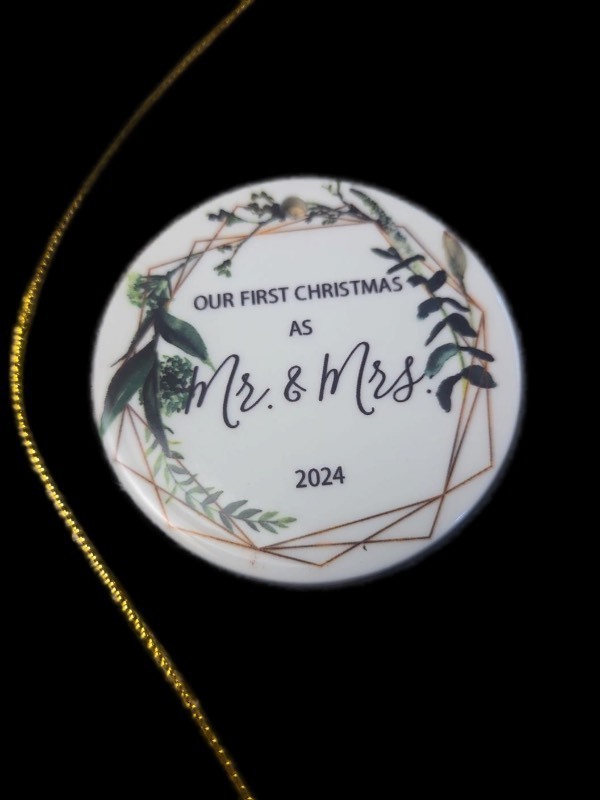 lot 1194595 image: Bridal Shower Gift - Our First Christmas as Mr and Mrs Ornament 2024 - Wedding Shower Gift for Couple - Retail $10