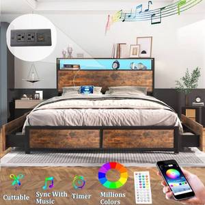lot 4078 image: LED Bed Frame with Storage Headboard & 4 Drawers, Industrial Metal Platform Bed with Power Charging Station & USB Ports - Queen
