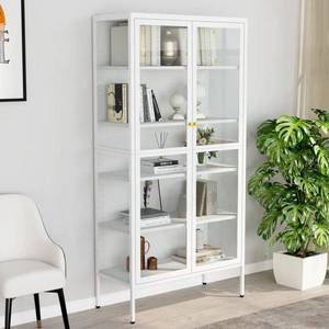 lot 4080 image: Modern White Glass-Door Bookcase Display Unit