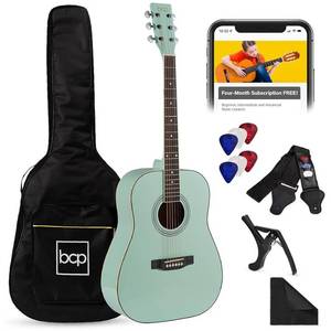 lot 4085 image: Best Choice Products 41in Full Size Beginner All Wood Acoustic Guitar Starter Set wGig Bag, Strap, Capo, Strings, Picks - SoCal Green