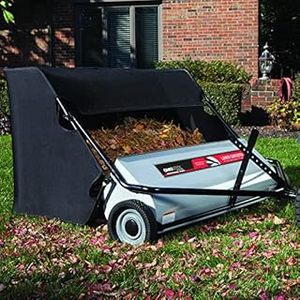 lot 27998 image: Ohio Steel Tow Behind Lawn Sweeper  42 inch  22 Cu. ft  Heavy-Duty Leaf and Grass Collector  Patented Spiral Brush - Retail $349.99