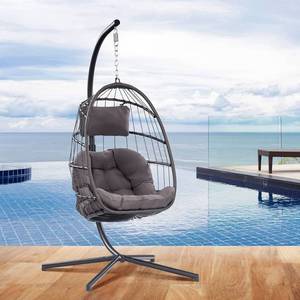 lot 28037 image: Egg Chair with Stand - Patio Rattan Wicker Hanging Swing Egg Chair Hammock Chair for Indoor Outdoor Bedroom Garden - Aluminum Steel Frame and UV Resistant Cushion 350LBS Capacity (Dark Grey)
