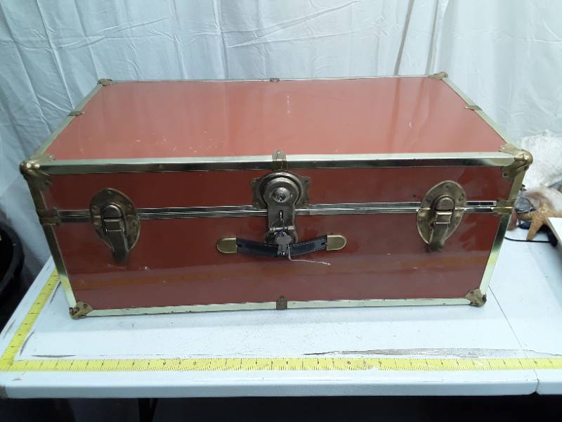 lot 33344 image: Vintage Burgundy Metal Storage Trunk with Brass Hardware