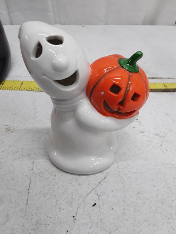 lot 33351 image: Vintage Halloween Ghost with Pumpkin Ceramic Tea Light Holder