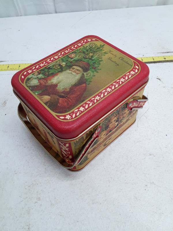 lot 33357 image: Vintage Christmas Holiday Tin Box with Handles