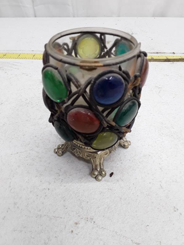 lot 33297 image: Vintage Jeweled Glass Votive Candle Holder