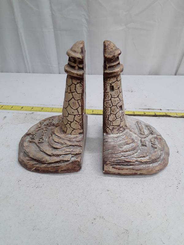 lot 33300 image: Vintage Religious Lighthouse Bookends He Careth For You
