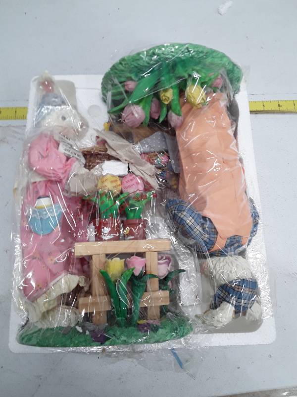 lot 32707 image: Fabric Mache Mr. & Mrs. Easter Bunny Couple With Baby 12 Tall In Box