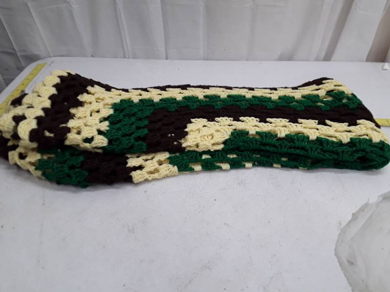 lot 32717 image: Handmade Crochet Afghan Blanket - Green, Brown, and Cream Striped Pattern
