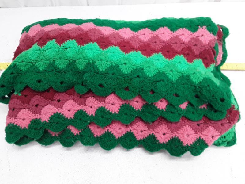 lot 32718 image: Handmade Striped Crochet Afghan Blanket Green Pink