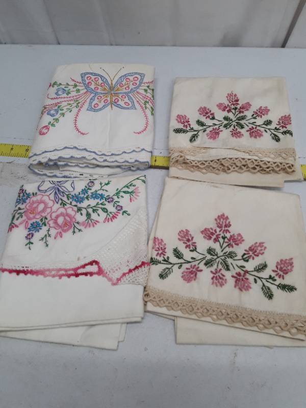 lot 32759 image: Hand Embroidered Pillowcases Set - Butterfly and Floral Designs with Lace Trim