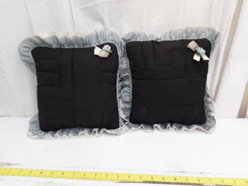 lot 32807 image: Decorative Black Quilted Throw Pillow with Lace Trim and Bow
