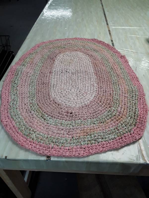 lot 32829 image: Handmade Oval Braided Rug - Pink and Green Striped Pattern