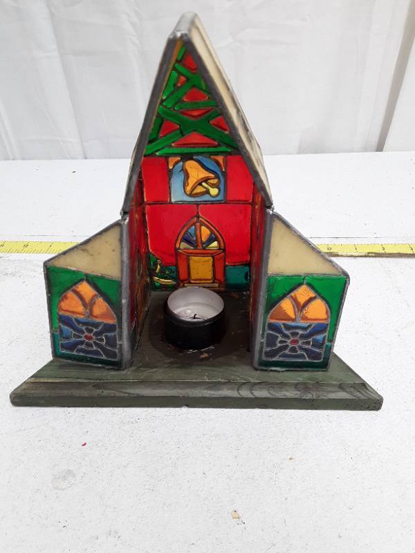 lot 33079 image: Stained Glass Church Tea Light Holder