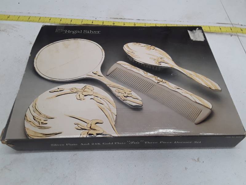 lot 33096 image: Regal Silver Iris 3-Piece Dresser Set Silver Plate and 24K Gold Plate