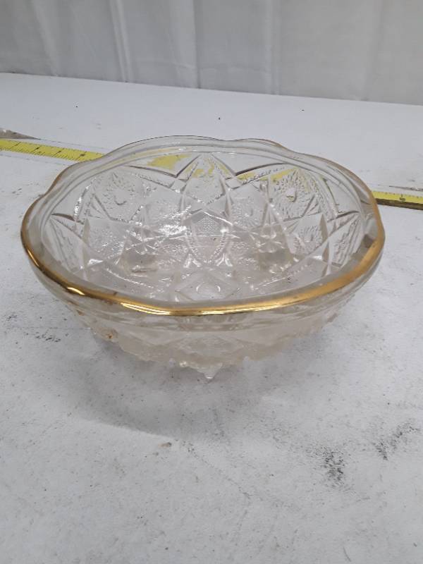 lot 33100 image: Cut Glass Bowl with Gold Rim Trim