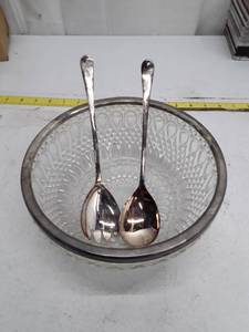 lot 33508 image: Vintage Cut Glass Serving Bowl with Silver Rim and Spoons