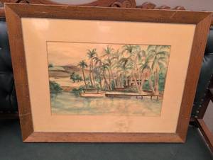 lot 672 image: Vintage Tropical Paradise Watercolor in Carved Wood Frame