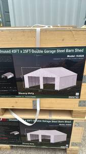 lot 224 image: New 45x25ft Heavy-Duty Double Garage Steel Barn Shed - Model K4525 set of 2 boxes